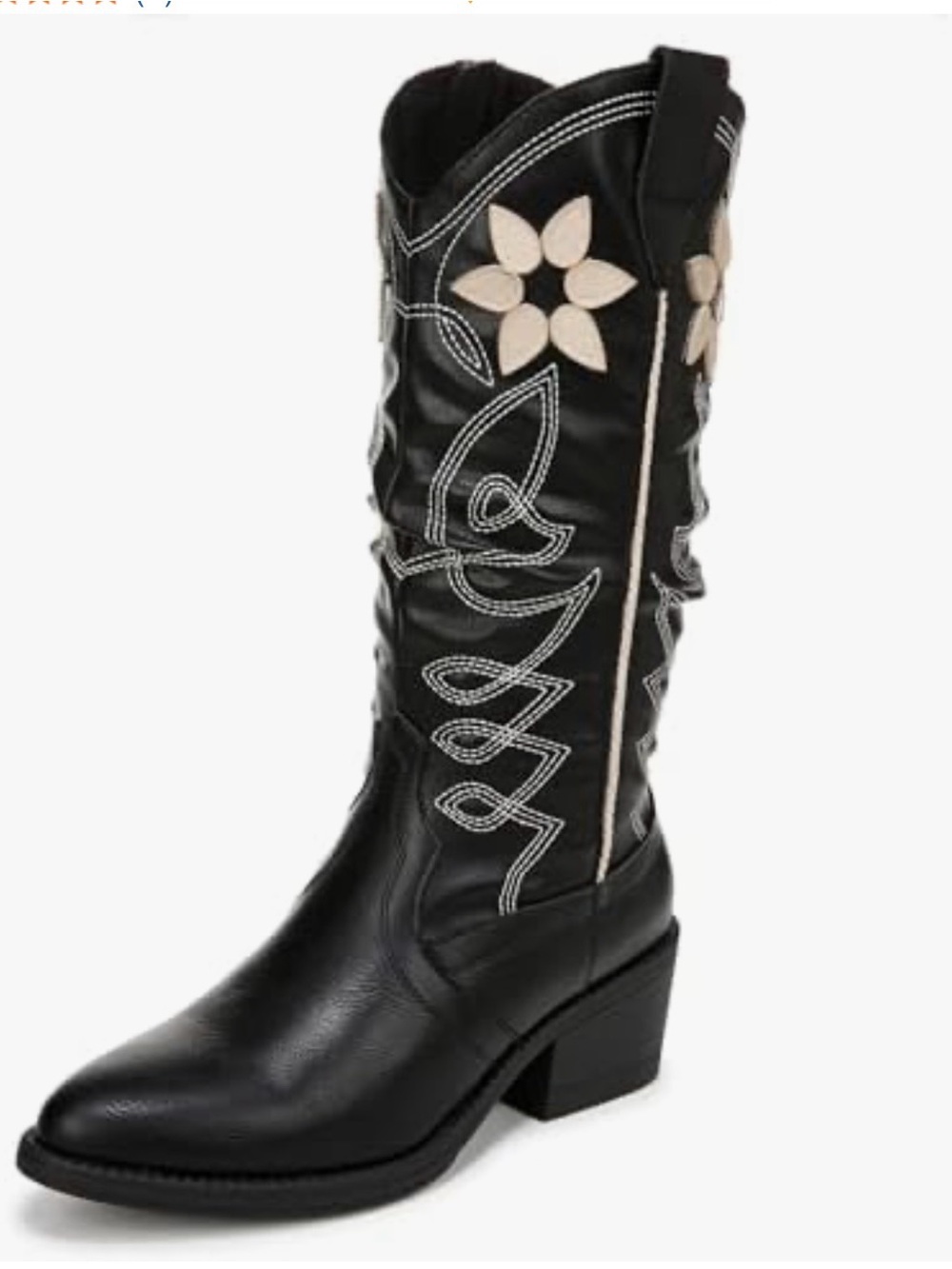Women's Black Mid-Calf Heeled Western Boot with Cream Floral Applique